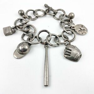 Vintage Jim Clift Pewter Baseball Fan Charm Bracelet Popcorn Bat Hat Balls Glove